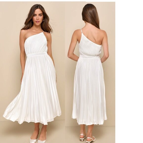 Lulus Alluring Marvel Ivory Pleated Ivory Satin One-Shoulder Midi Dress XS NWT - Picture 13 of 13